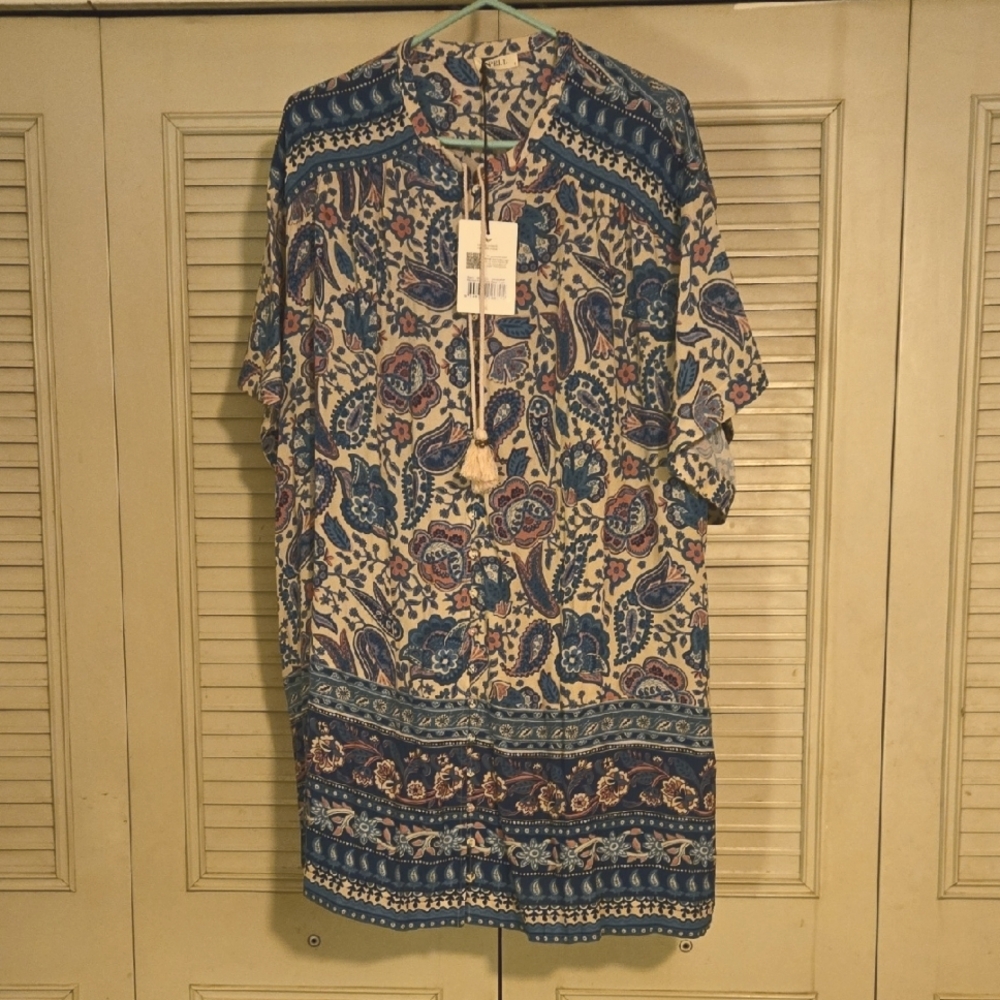 Spell Marmont Flutter Tunic Dress in Blue and Cream